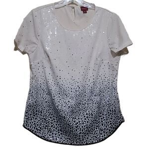 Merona Black and Cream Polka Dot Sequin Short-Sleeve Blouse Sz Small